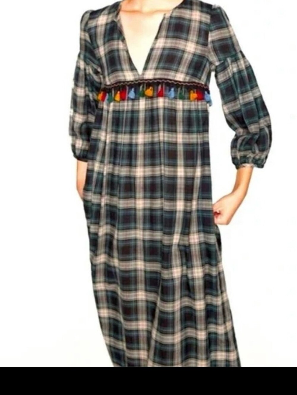Zara Teal and White Plaid Tunic Dress with Multicolor Tassel Trim MEDIUM